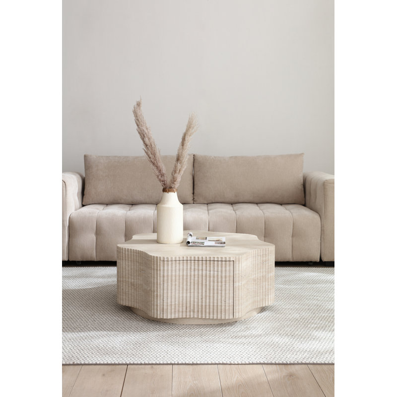 Modern Petal Flower Shape Coffee Table With Hidden Drawer, Faux Marble Beige Stone Top& Fluted Textured Sides, Beige Stone-look Center Table For Living Room