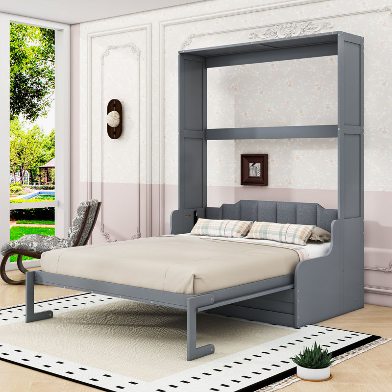 Lit escamotable en bois avec coussin, gris