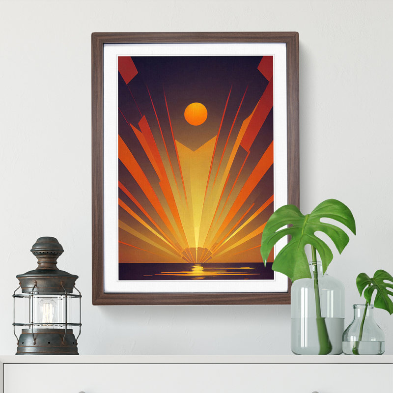 Deco Ocean Sunset No.5 - Single Picture Frame Print, 64cm H x 46cm W x 2cm D, Walnut