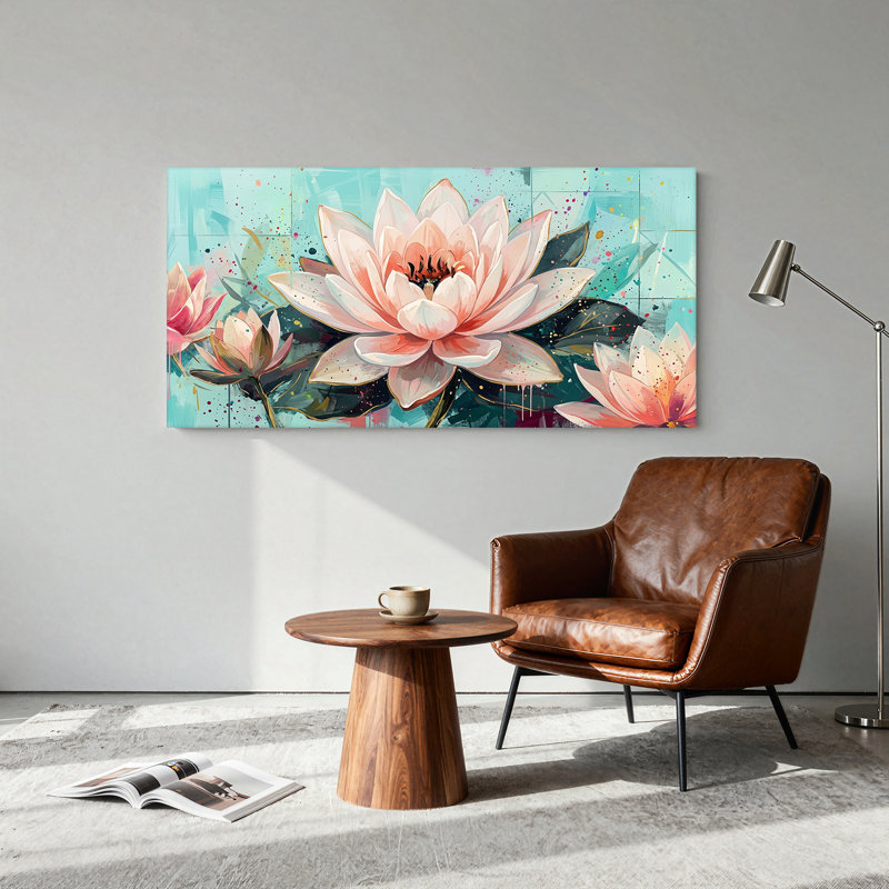 Tableau sur toile représentant une fleur de lotus rose sur fond turquoise avec des accents dorés, L 32 po x H 16 po