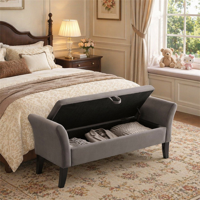 Banc de lit 51,5 po avec rangement en velours gris, Gris