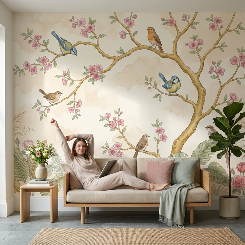 Murale fleurs de cerisier avec fleurs et oiseaux chanteurs, 160 po x 108 po, Texturé non collé