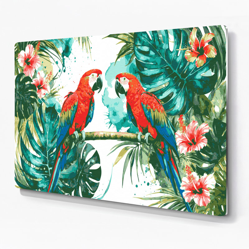 Art mural en métal hawaïen, vert perroquets, H 20 po x l 24 po