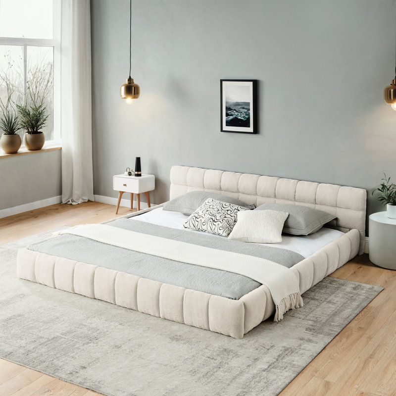 Très grand lit plateforme avec tissu épais, tête de lit moelleuse, aspect terre, pas de sommier tapissier, structure rembourrée en chenille, style, assemblage rapide