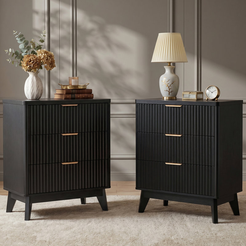 Rhythm Tall Wood Nightstand with 3 Drawers, Fluted Modern Design for Bedroom, 23.6"W x 15.8"D x 28.3"H, Black, Set of 2