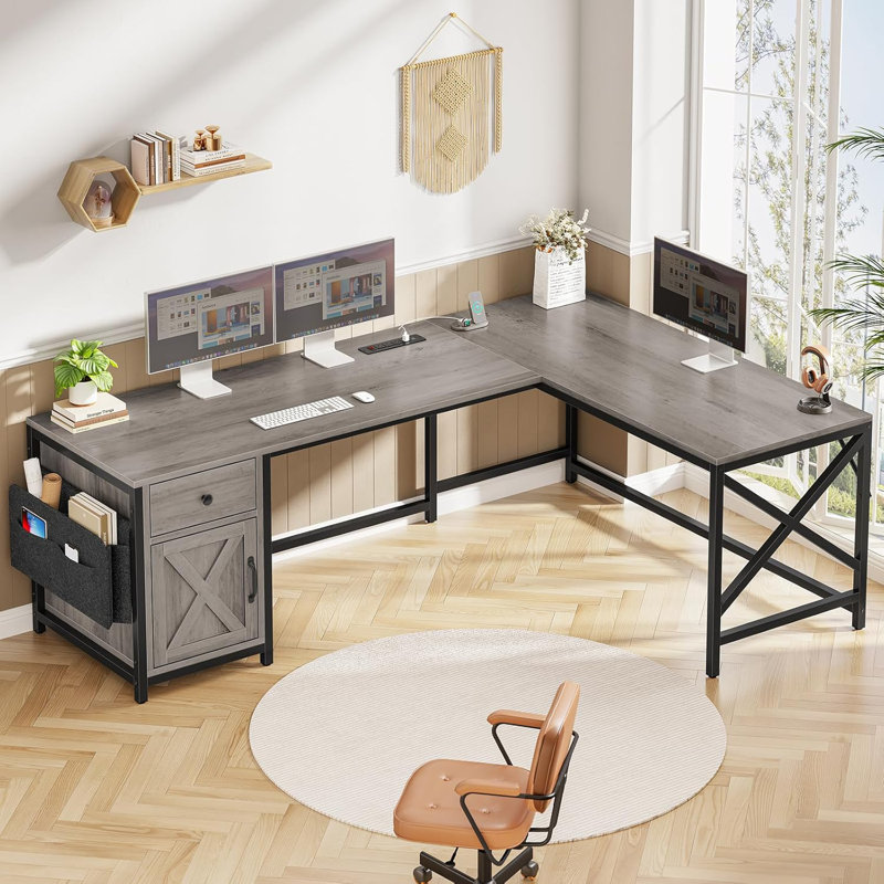 Josphua 63" L Shaped Desk Convertible Corner Office Desk With Drawer Farmhouse Computer Desk, Gray/Black