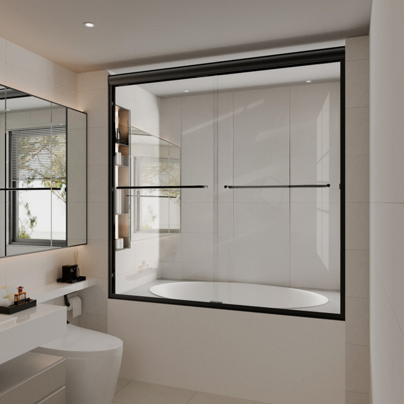 60'' Matte Black Semi-Frameless Sliding Tub Door with Clear Glass