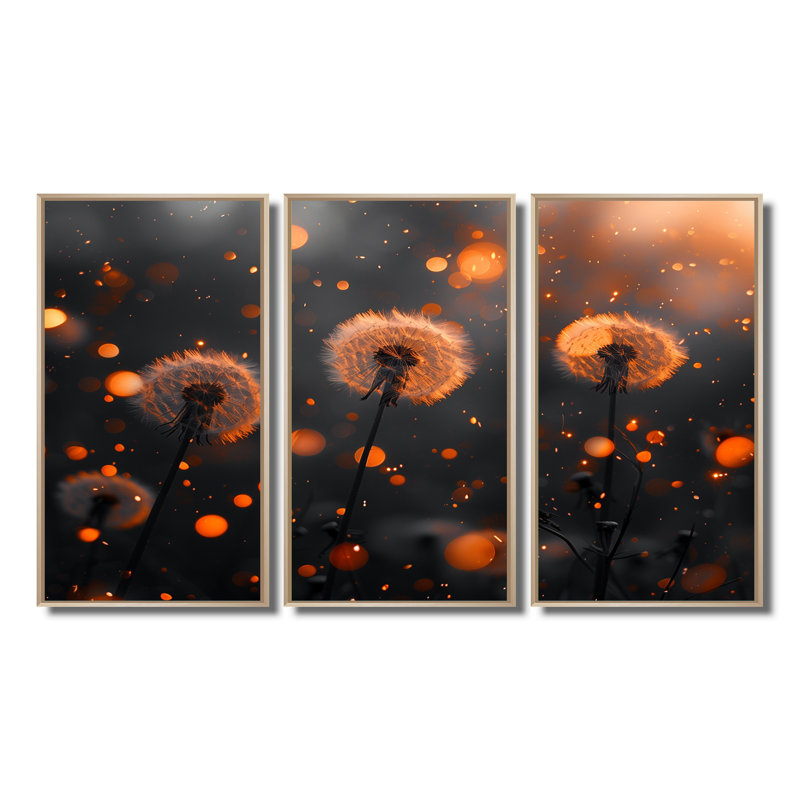 Ensemble de salon art mural orange et noir Golden Hour Glow Dandelion, Toile naturelle avec cadre flottant