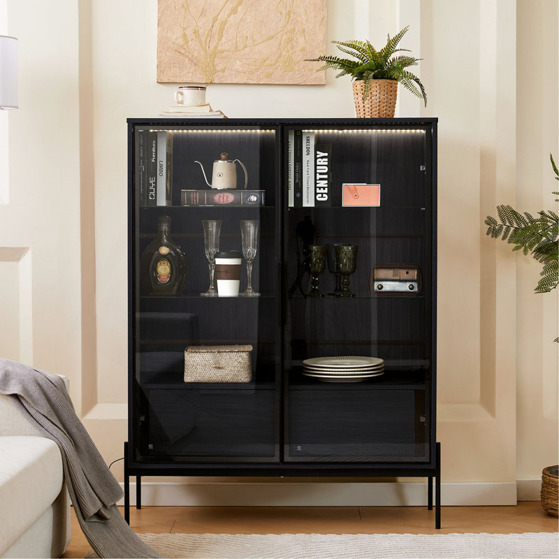 51.2'' Freestanding Display Cabinet, Pantry With 2 Storage Drawers And Glass Doors, Curio Cabinet With 4-Tier Adjustable Shelves And LED Light, For Living Room, Kitchen, Office