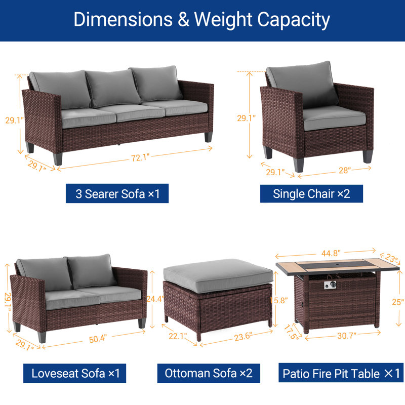 7-Pieces Patio Sofa Sets with 45'' Fire Pit Table, PE Rattan Wicker for Patio , Deck and Yard, Brown, Gray