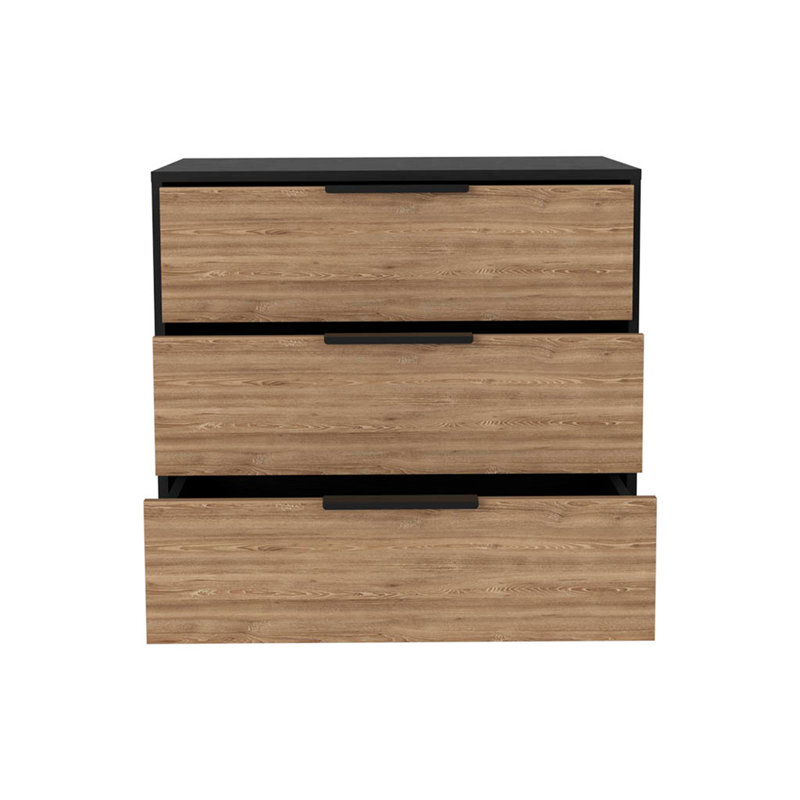 Commode H 27 po, commode 3 tiroirs, plateau supérieur, noir / chêne clair, Noir / brun