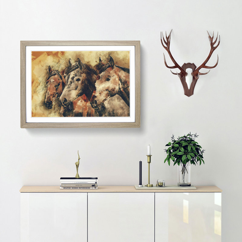 Trio of Horses in Abstract - Picture Frame Painting Print, 35cm H x 50cm W x 2cm D, Oak