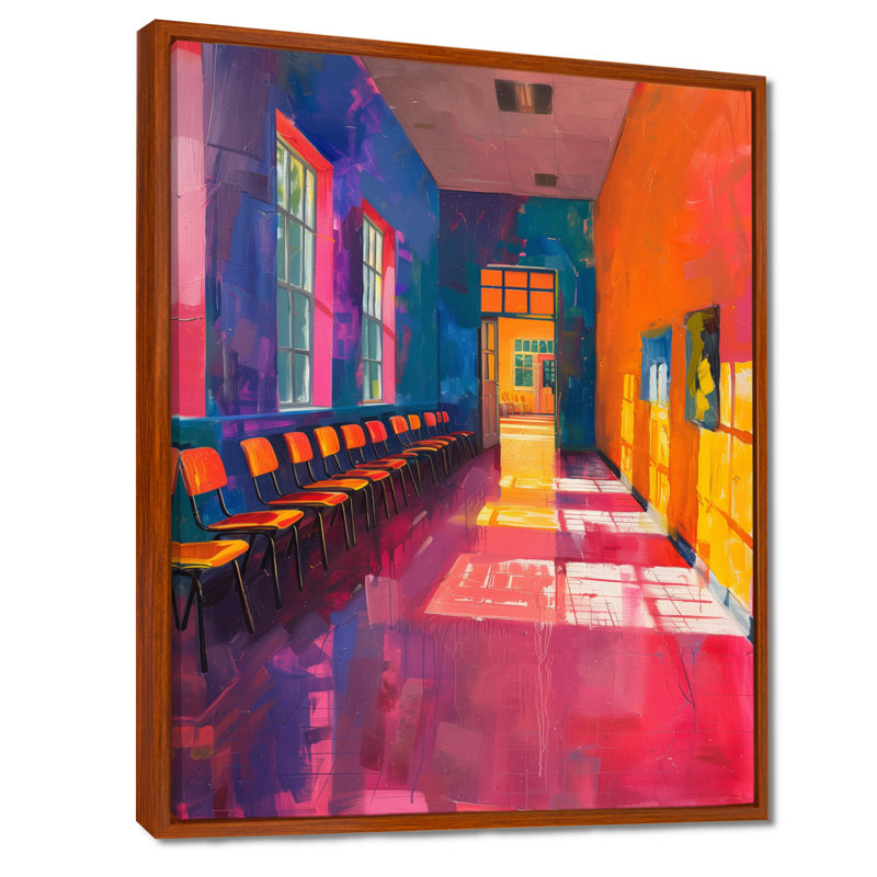 Décoration murale orange et bleue classe créative III - Écoles, H 40 po x l 30 po x P 1,5 po, Cadre flottant brun