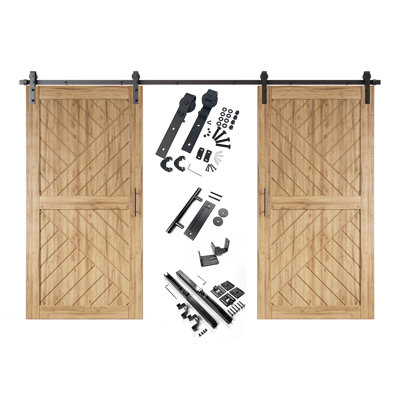 Homacer Porte de grange double 8 en 1, design géométrique, 76 cm x 203 cm, avec trousse de quincaillerie d'installation sans contournement, rail de 3,35 m, usage intérieur seulement