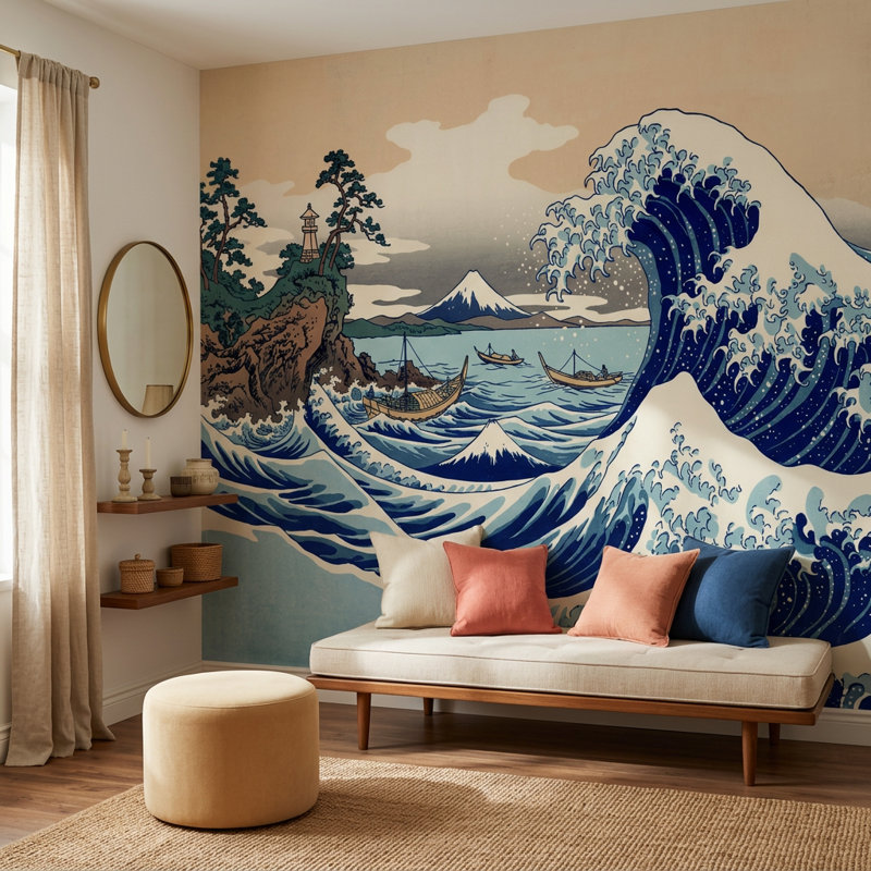 Décoration murale amovible impression sur bois Great Wave, 200 po x 120 po, Non tissé