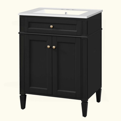Meuble-lavabo de salle de bain avec 2 portes et tiroir coulissant, armoire de rangement de salle de bain avec lavabo, portes à fermeture en douceur avec organisateurs