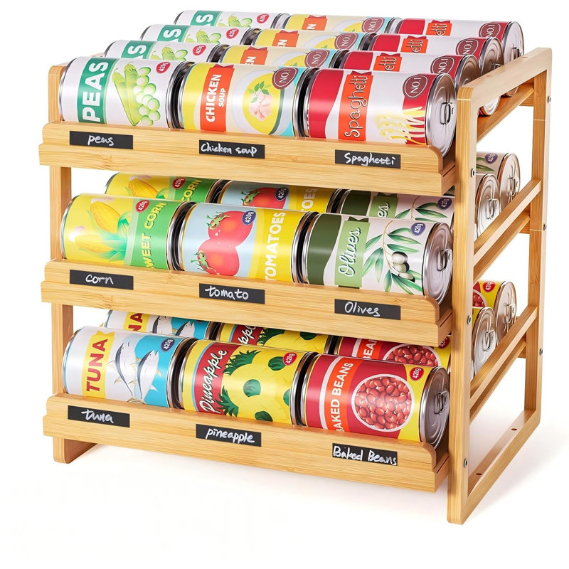 3 Tier Stackable Can Storage Organizer Pantry with Label Sticker and Marker Pen,Natural Bamboo