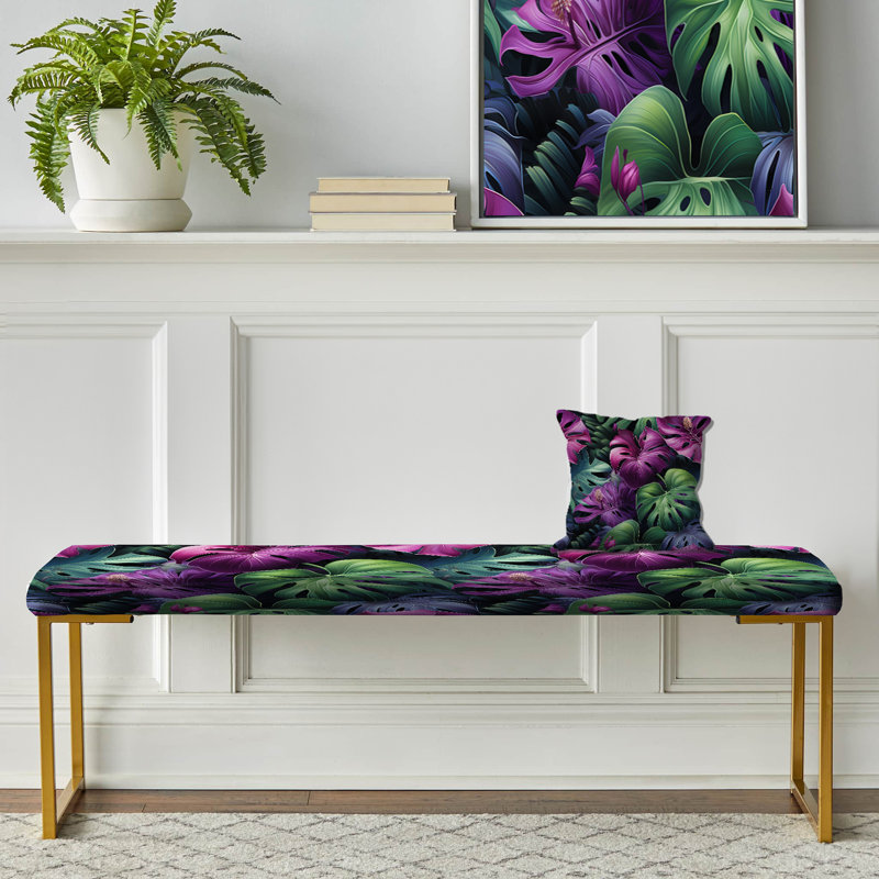 Monstera Enchantment - motif tropical - banc tropical rembourré or