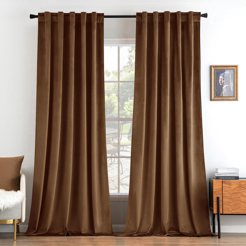 Gwennoline Velvet Room Darkening Curtain Panel Pair, Brown, 52" W x 108" L