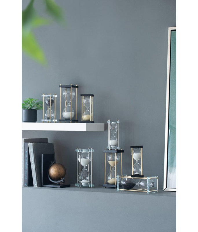 Hour Glass In Stand  Set of 2  4" x 4" x 9"  Black/Gold/White