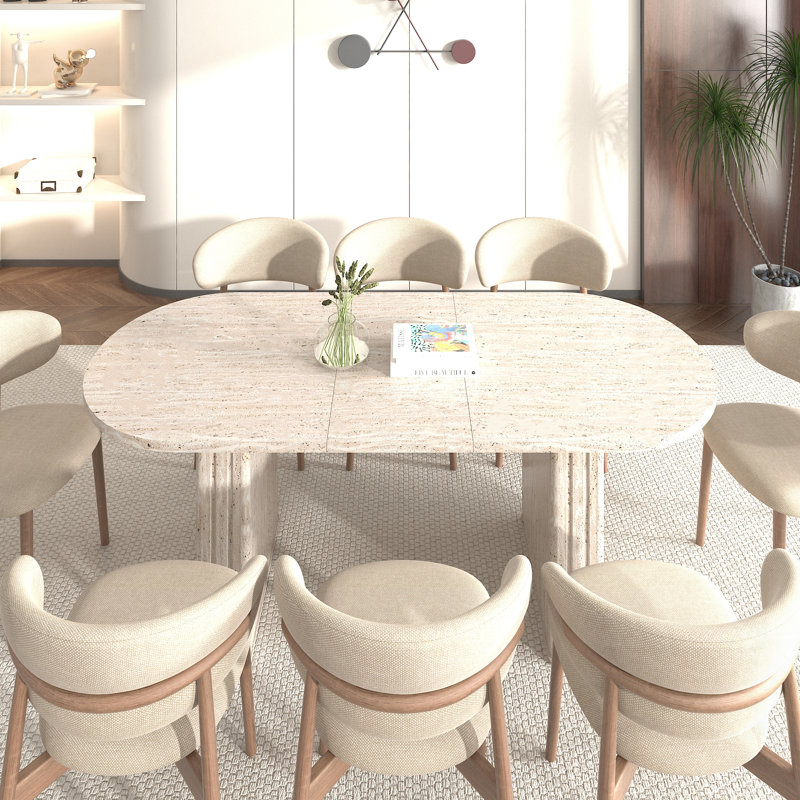 Table de salle à manger ovale extensible pour 4 à 8 personnes, finition d'inspiration travertin avec base en bois pour les salons modernes