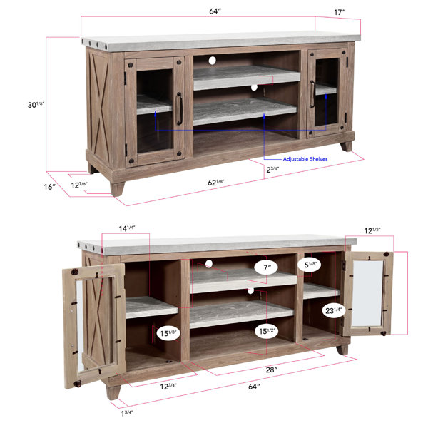 Benjara Anva TV Media Console, Light Gray Top, 2 Glass Doors, Brown ...