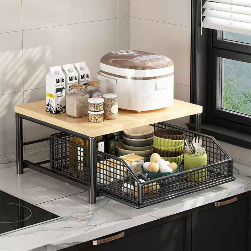 Organisateur de comptoir pour la cuisine avec tiroir et panier grillagé - Tablette en bois franc robuste pour cafetière - Design peu encombrant - noir