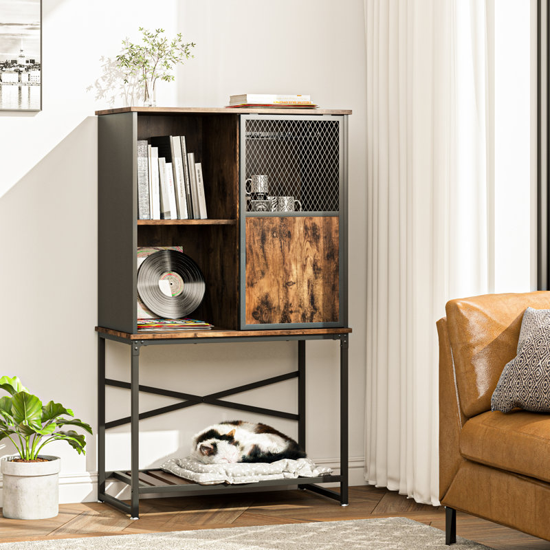 131.5 cm H Industrial Wine Bar Cabinet with 6 Wine Glass Racks, Rustic Wood Liquor Cabinet with Sliding Mesh Doors