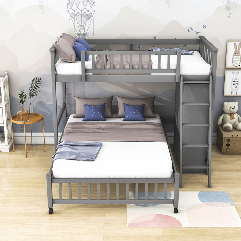 Elys Kids Twin Over Full Bunk Bed with Drawers, Gray