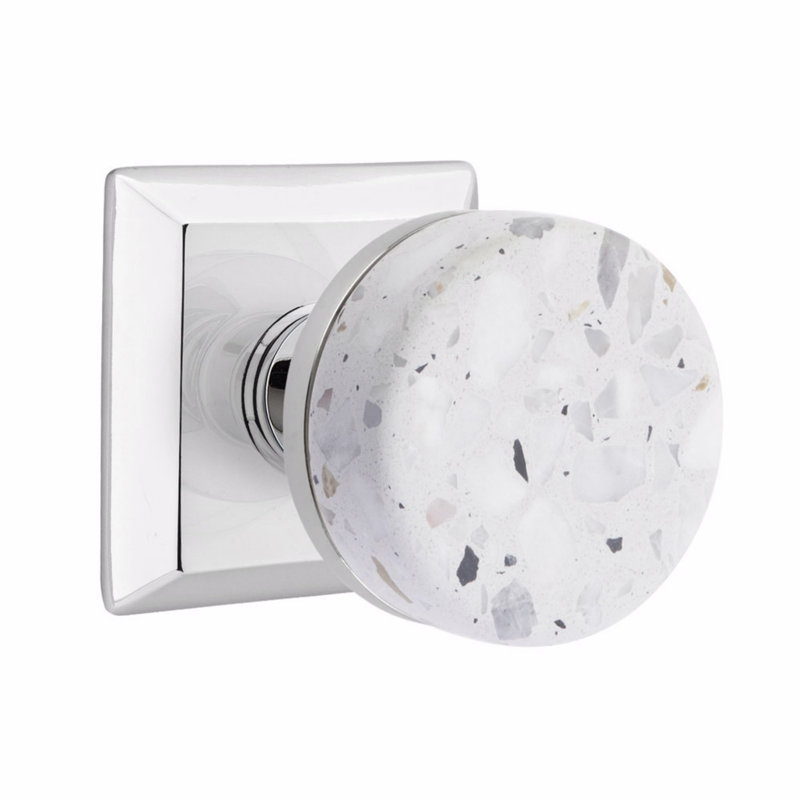 Ensemble de boutons de passage Emtek Select, rosette Quincy, tige conique, bouton Terrazzo clair, Chrome poli
