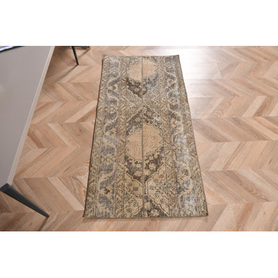 Handmade Turkish Vintage Runner Rug For Hallways With Beige Geometric Pattern And Anatolian Floor Decor