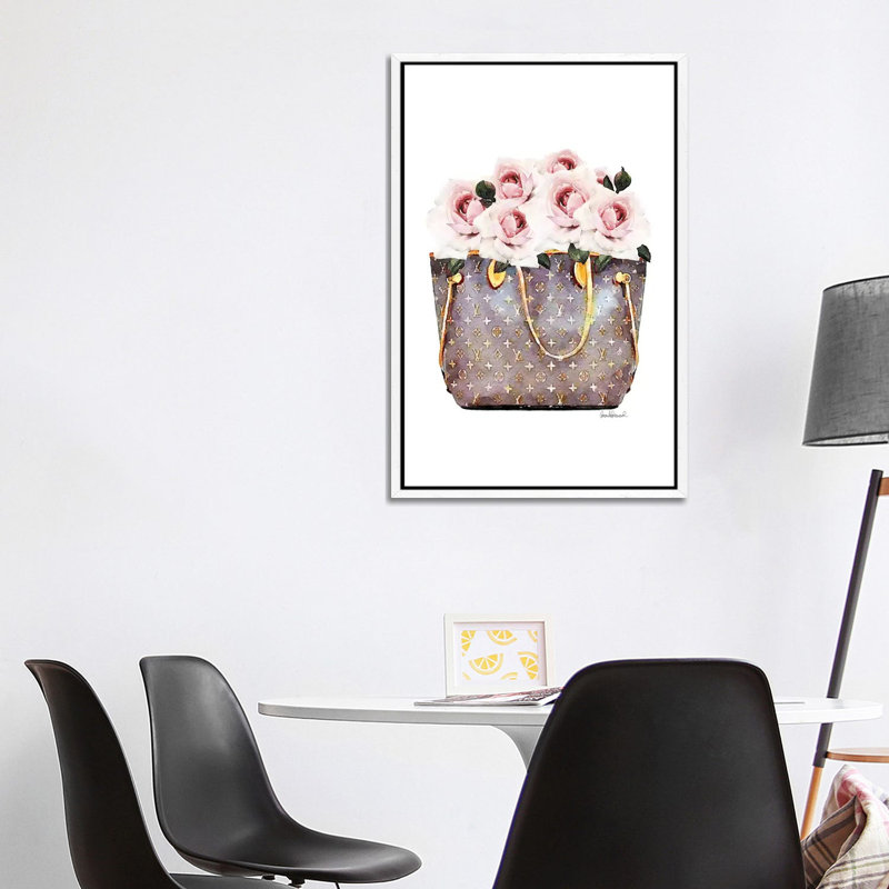 Brown Bag Filled With Blush Roses by Amanda Greenwood - Painting on Canvas, 101.6 cm H x 66.04 cm W, White Framed Canvas