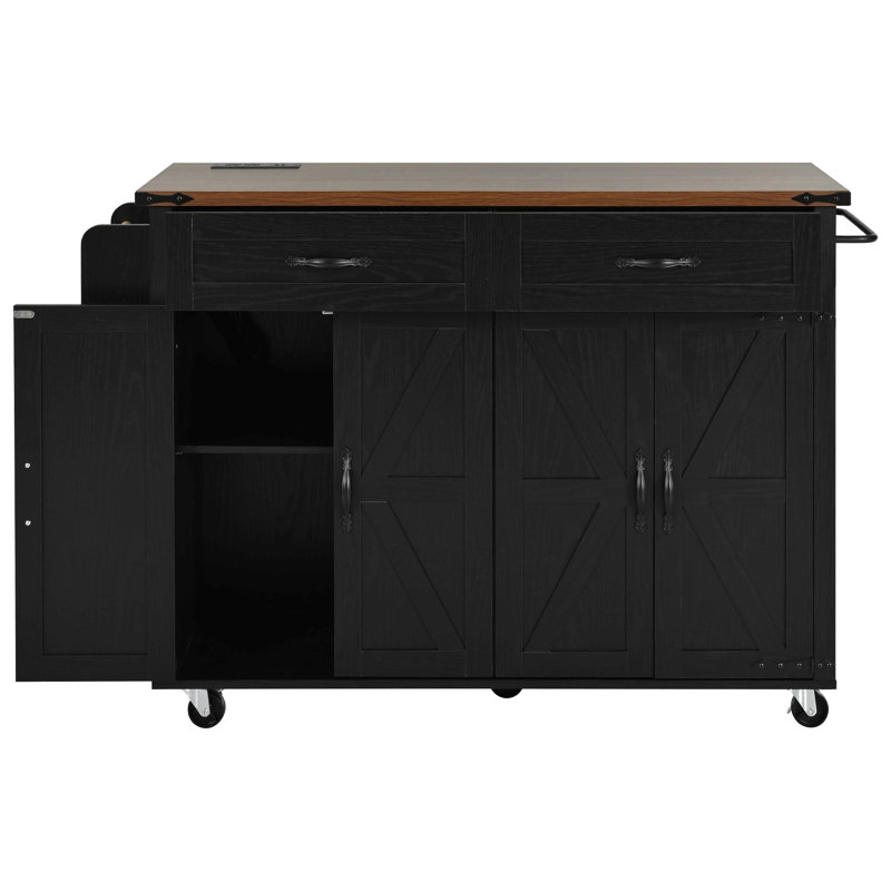 53.5''Farmhouse Kitchen Island With Power Outlet, Kitchen Storage Island With Drop Leaf, Spice Rack And Drawer, Rolling Kitchen Cart On Wheels, For Home, Kitchen And Dining Room