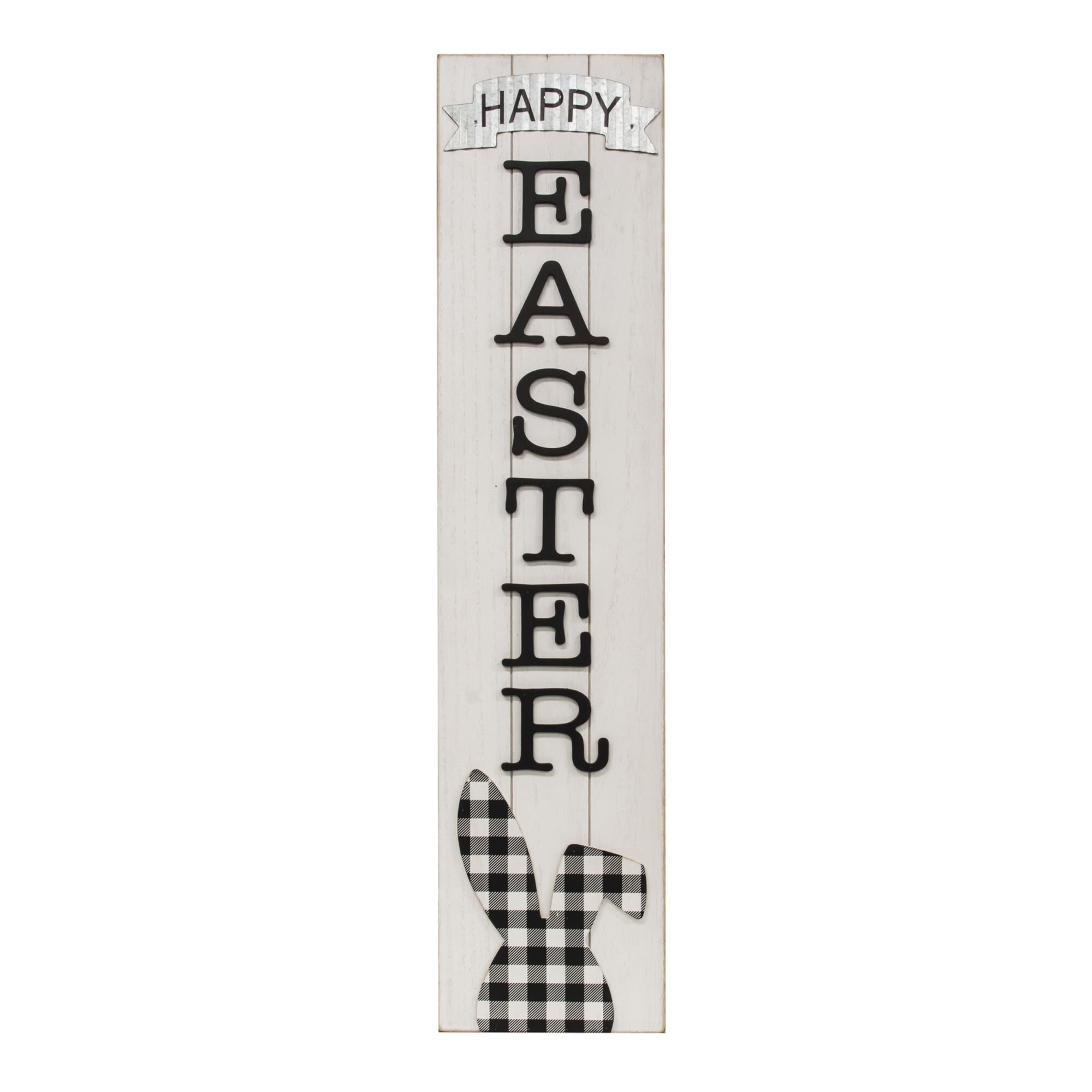 The Holiday Aisle® Buffalo Check Bunny Happy Easter Sign with Easel & Reviews | Wayfair