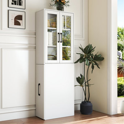 70.3" Tall 4 Tier Pull-Out 2 Glass Doors Multi-Functional Shelf Modern Wooden Display Cabinet For Living Room And Salon Organization H Storage Dining