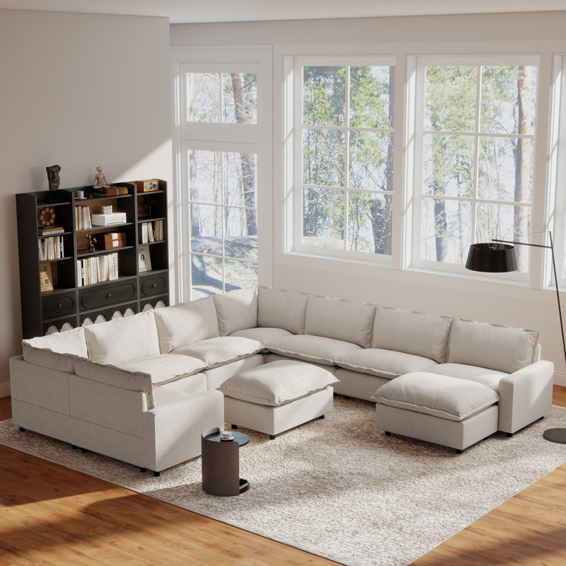 Canapé modulaire 10 pièces en tissu de lin avec repose-pieds, Lin beige