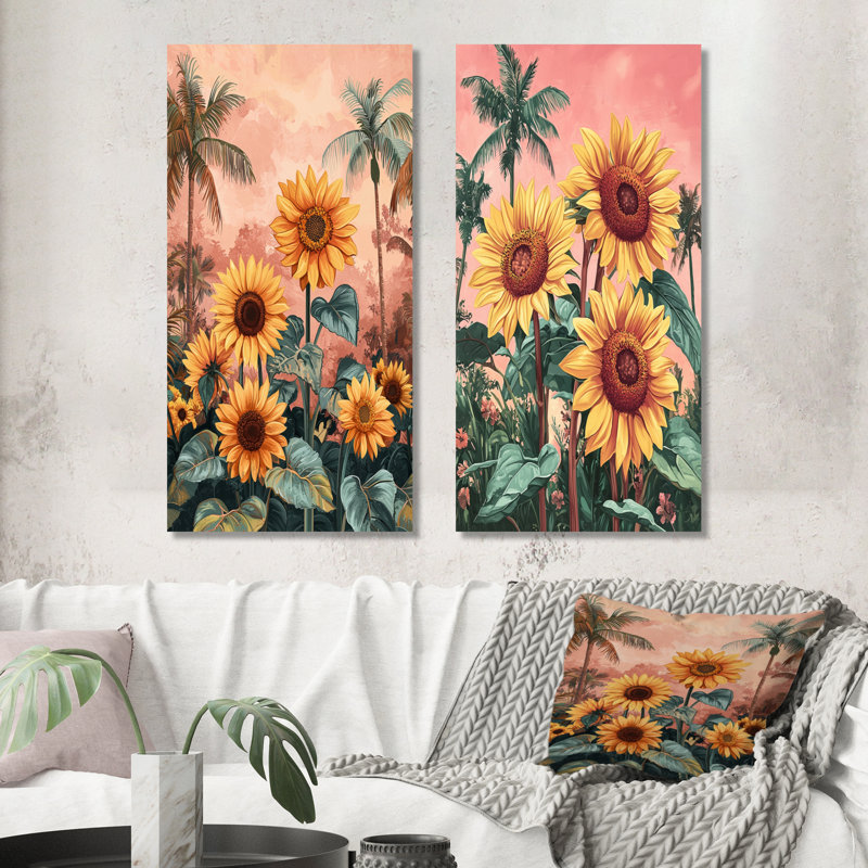 Champ de tournesols tropicaux dans le sud II - ensemble de 2 impressions murales en métal floral jaune, 40" H x 40" W