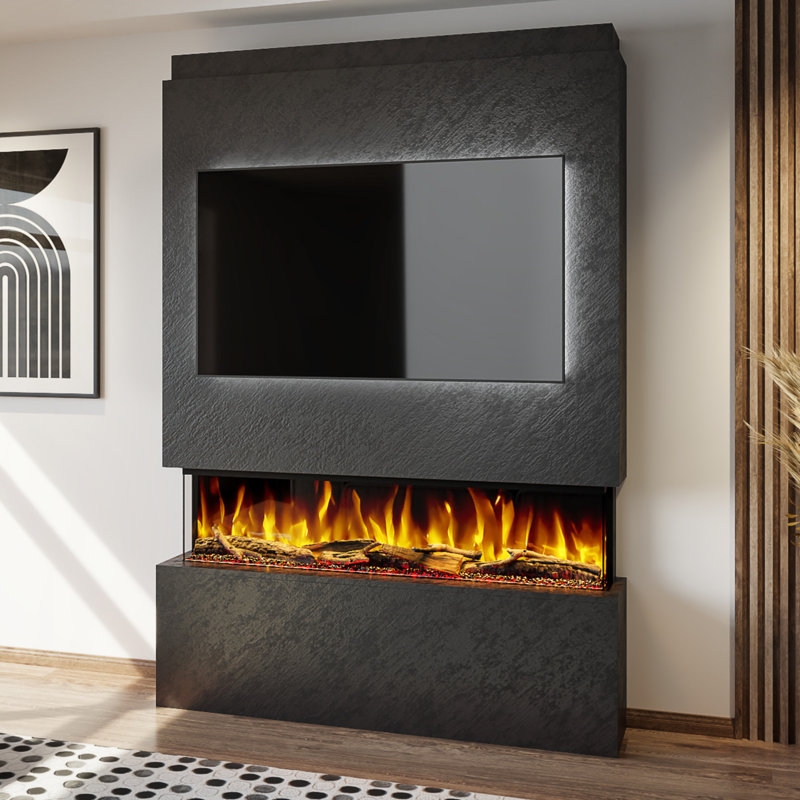 Evolution Fires Pre-Built Media Wall Package 19, finished in textured Venetian Plaster, includes Spectrum Series 50 Series 3-Sided Electric Fireplace