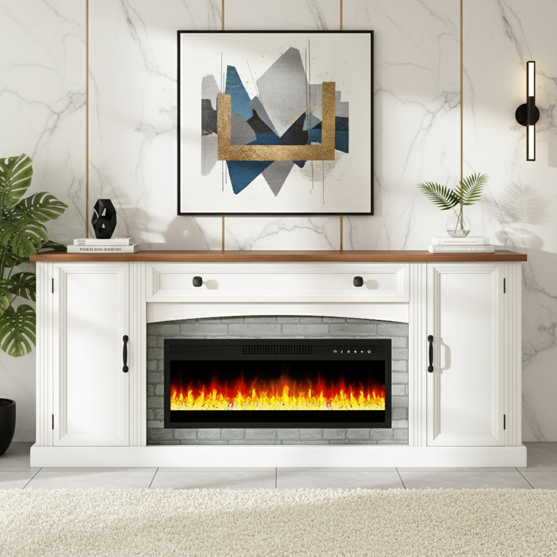 Electric Fireplace TV Stand With Mantel And Cable Management And Adjustable Shelves, Blanc