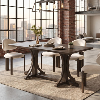 Table de salle à manger rustique pour 6 à 60 pouces en bois espresso patiné avec base à tréteaux et pieds courbés