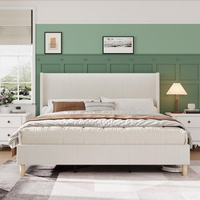 Corduroy Upholstered Bed Frame with Wingback Headboard