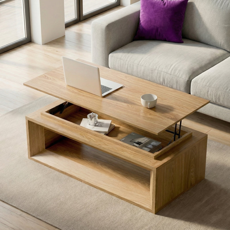 Table basse en bois massif Ã  plateau relevable avec tablette de rangement et compartiment dissimulÃ©, table d'appoint moderne plaquÃ©e Ã  hauteur rÃ©glable pour le salon d'un appartement