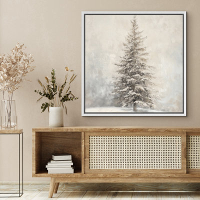 Snowy Winter Pine Tree Artwork, Modern Rustic Christmas Holiday Neutral Wall Pictures, Large Framed Canvas Giclee Print Wall Art
