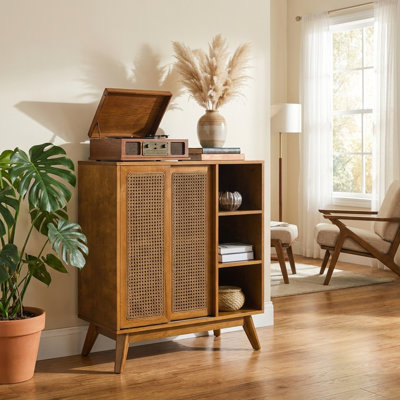Mid Century Modern Rattan Sideboard Cabinet with Adjustable Shelves, Buffet Storage Cabinet with Solid Wood Feet & Rattan Doors, Dark Wood Entryway Console Table for Living Room, Kitchen, Dining Room & Hallway