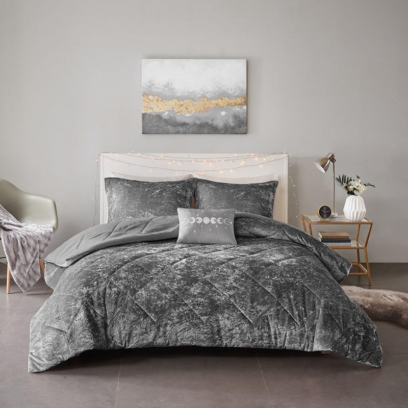 Ensemble d'édredon en velours 4 pièces, Gris, Édredon simple + 3 pièces supplémentaires