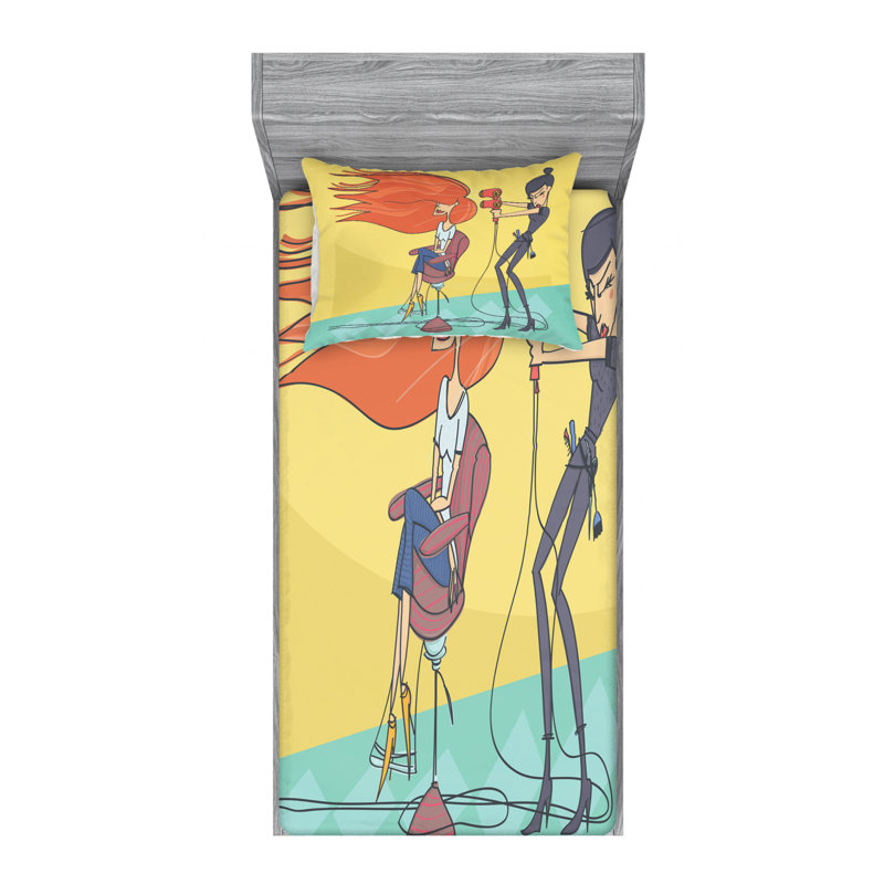 Drap-housse à motif de salon de coiffure, Ensemble de draps pour lit simple TG + un drap-hou