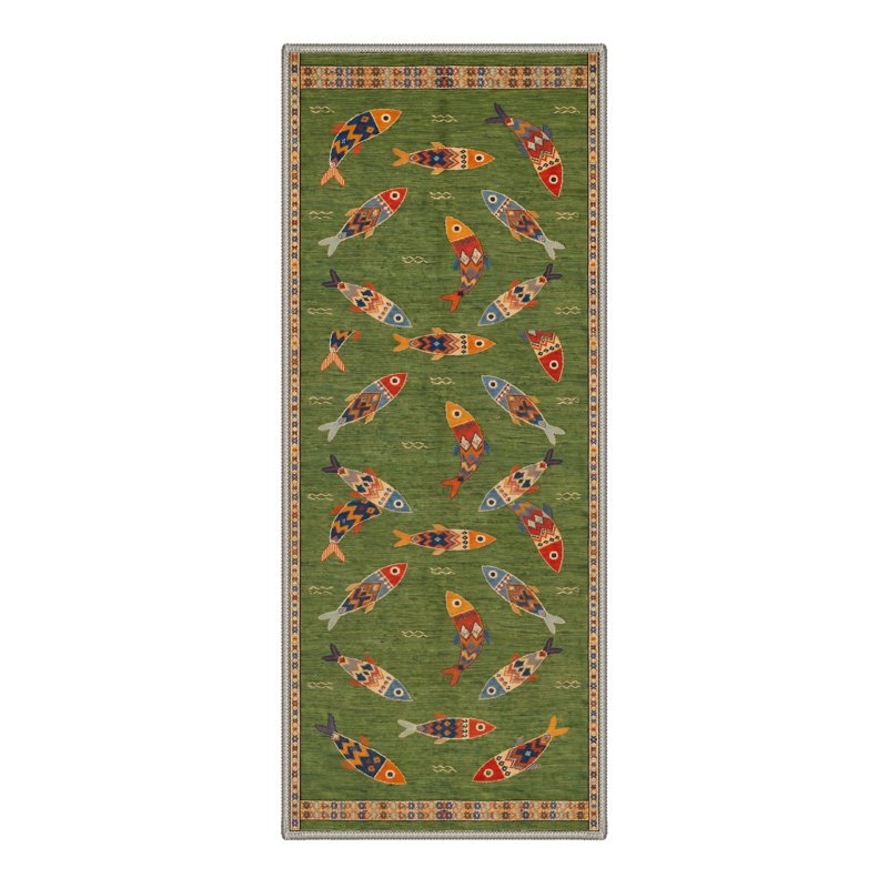Abrahamson Tribal Geometric Colorful Fish Print Green Indoor Area Rug Machine Washable Non-Slip Backing, Runner 2'3" x 6'