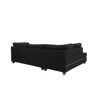 Reversible Polyfiber Sectional Sofa With Ottoman, Black