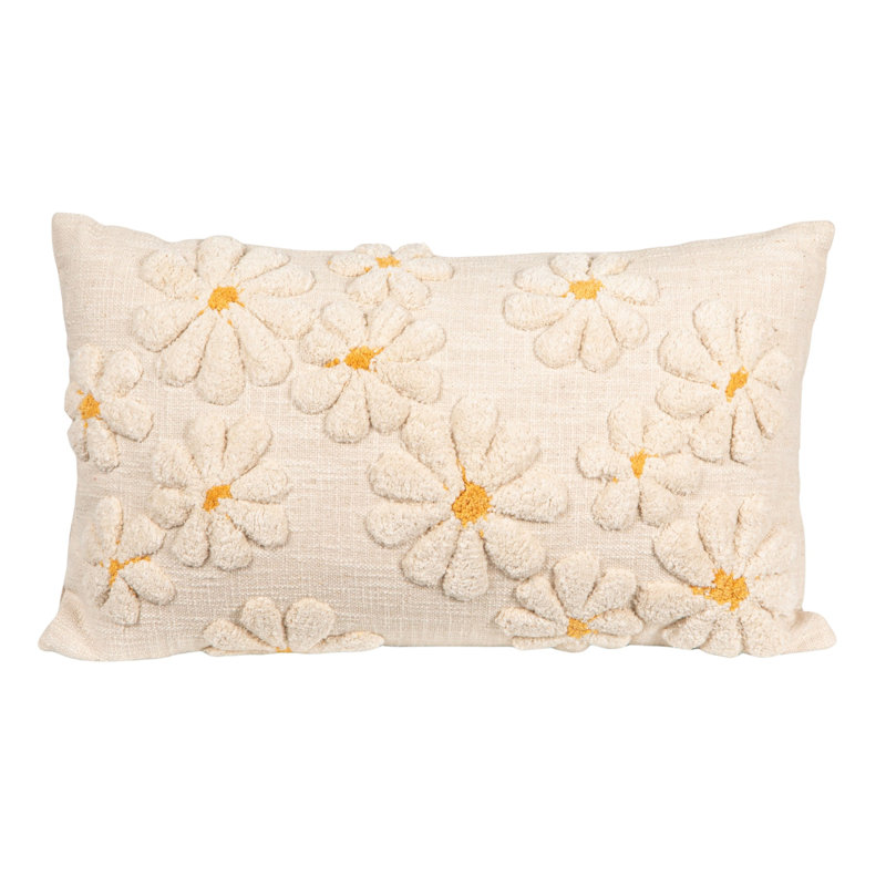Cotton Slub Lumbar Pillow With Tufted Flowers