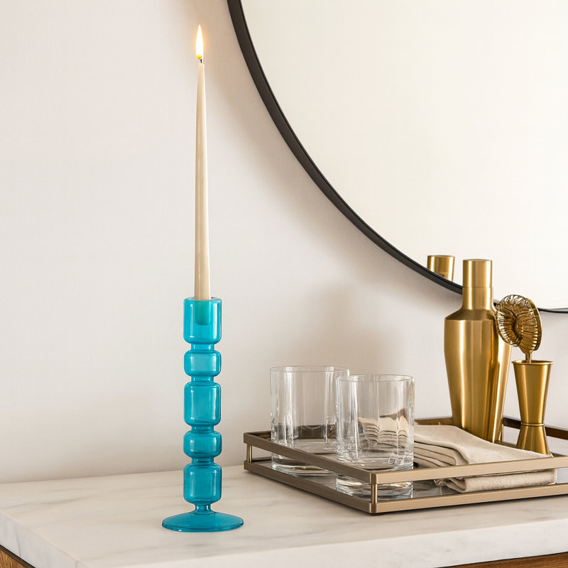 Modern Candle Holder with Stacked Sculptural Glass Base – Decorative Tabletop Taper Candle Holder for Dining Table, Shelf Decor, or Entryway Accent – Unique Home Accent for Minimalist Styling